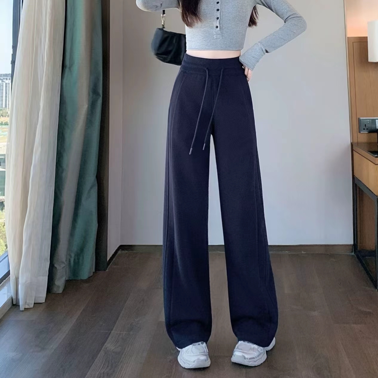 秋冬加绒加厚时尚休闲裤女高腰运动垂感直筒宽松显瘦阔腿裤