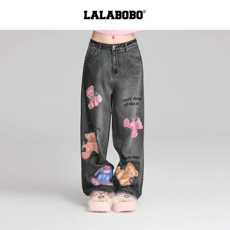 郑州LALA涂鸦纯棉牛仔裤高腰显瘦小熊印花宽松阔腿RBED-WXZC19