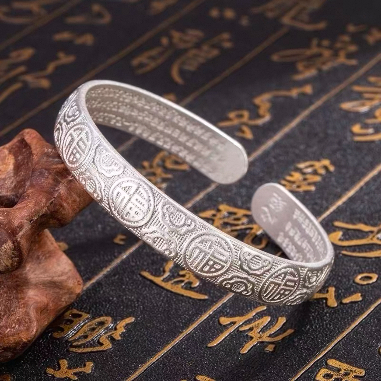 通体 999足银同款  K350百福 心经宽版活口手镯