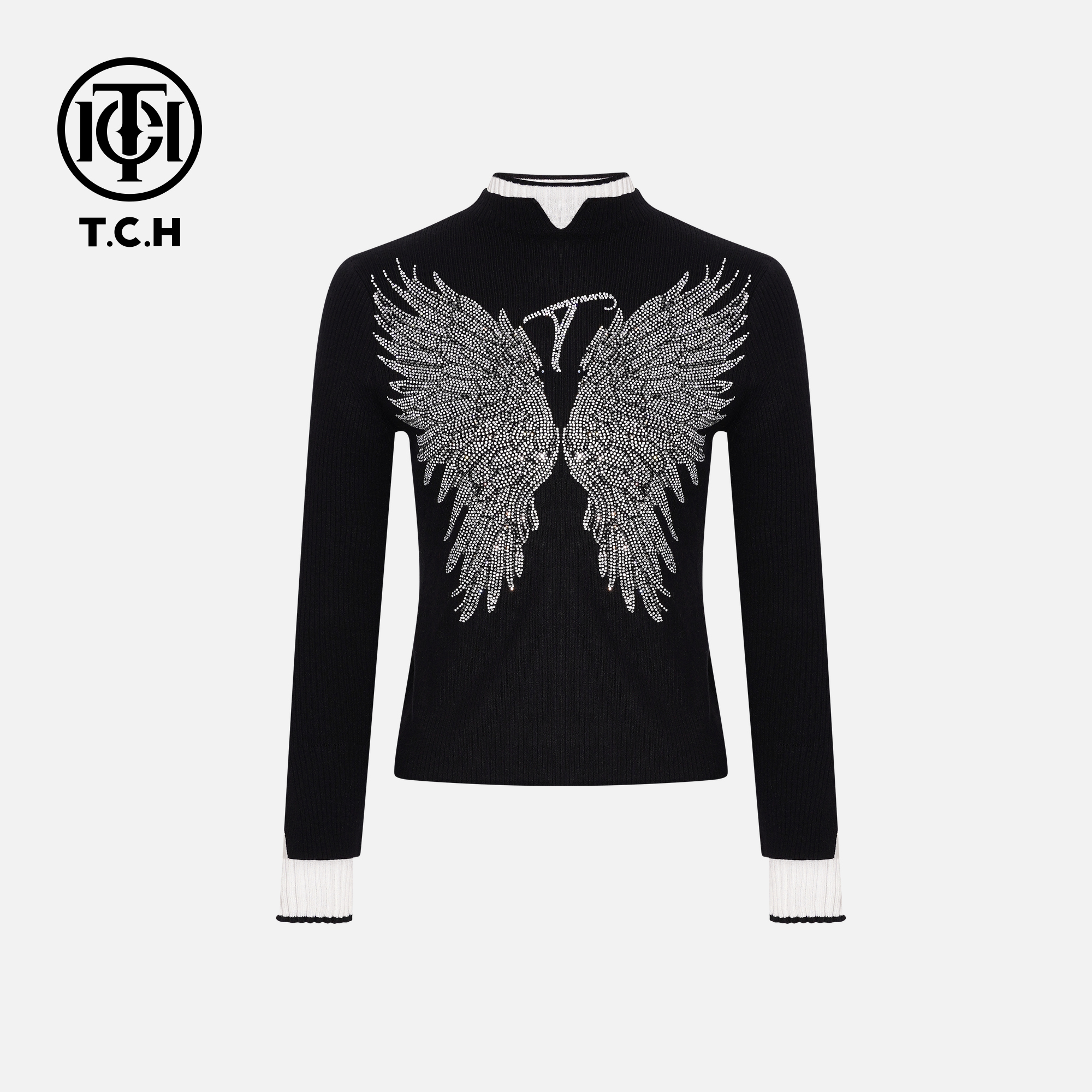TCH【柔软舒适】冬款百搭时尚烫钻黑色休闲女装针织衫T75D09E1152