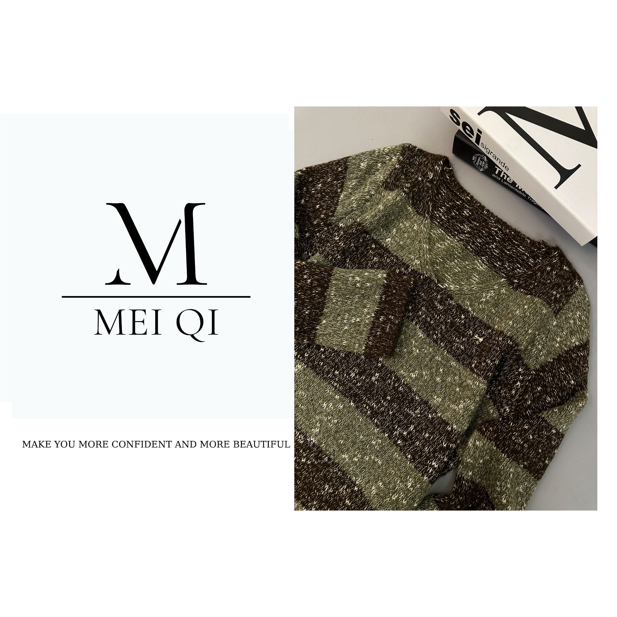 深圳南油白桃美美 V领条纹复古拼色花纱针织套头衫慵懒百搭A3287