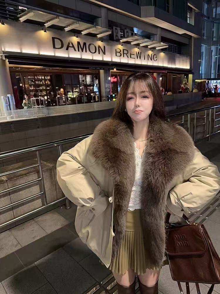 加大毛领外套加厚短款冬季新款派客服