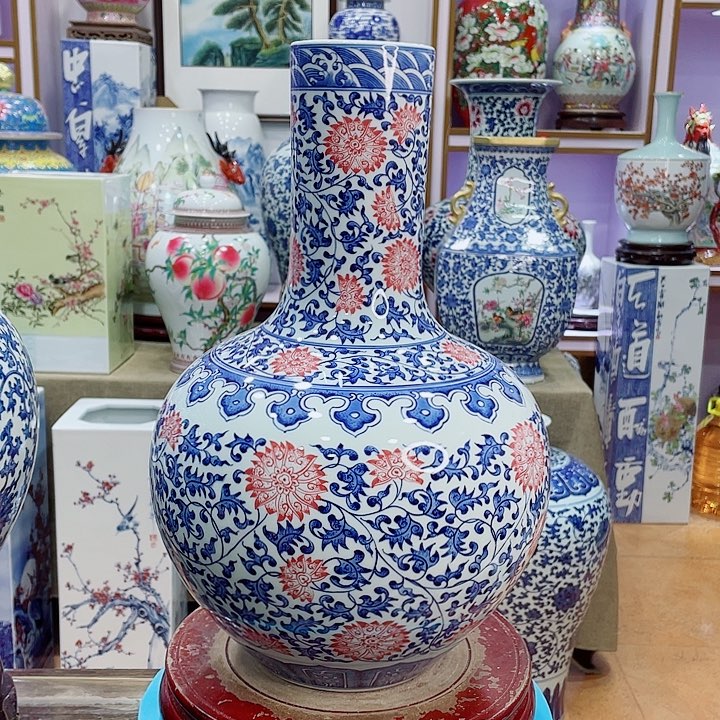 花瓶全手工釉下青花矾红天球瓶