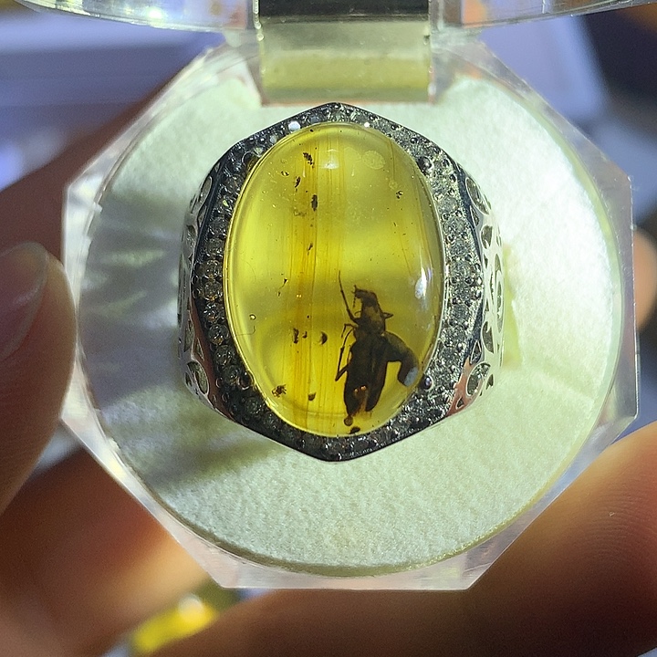 琥珀银S925镶嵌戒指大甲虫戒指