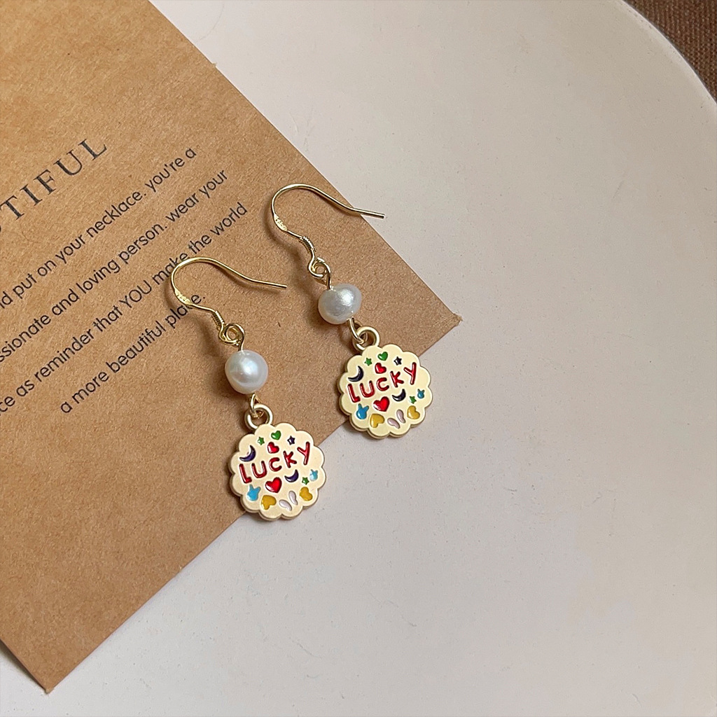 铜合金耳饰 手作设计感英文吊牌气质素款耳环925银针