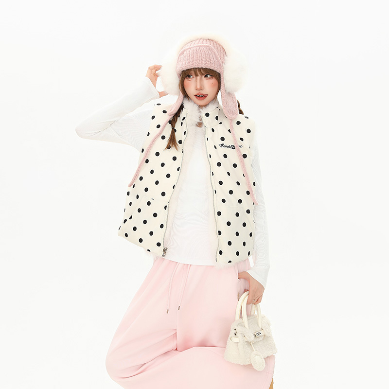 YIKOJIA甜美风两面穿波点格纹棉服马甲毛内胆保暖宽松韩系保暖