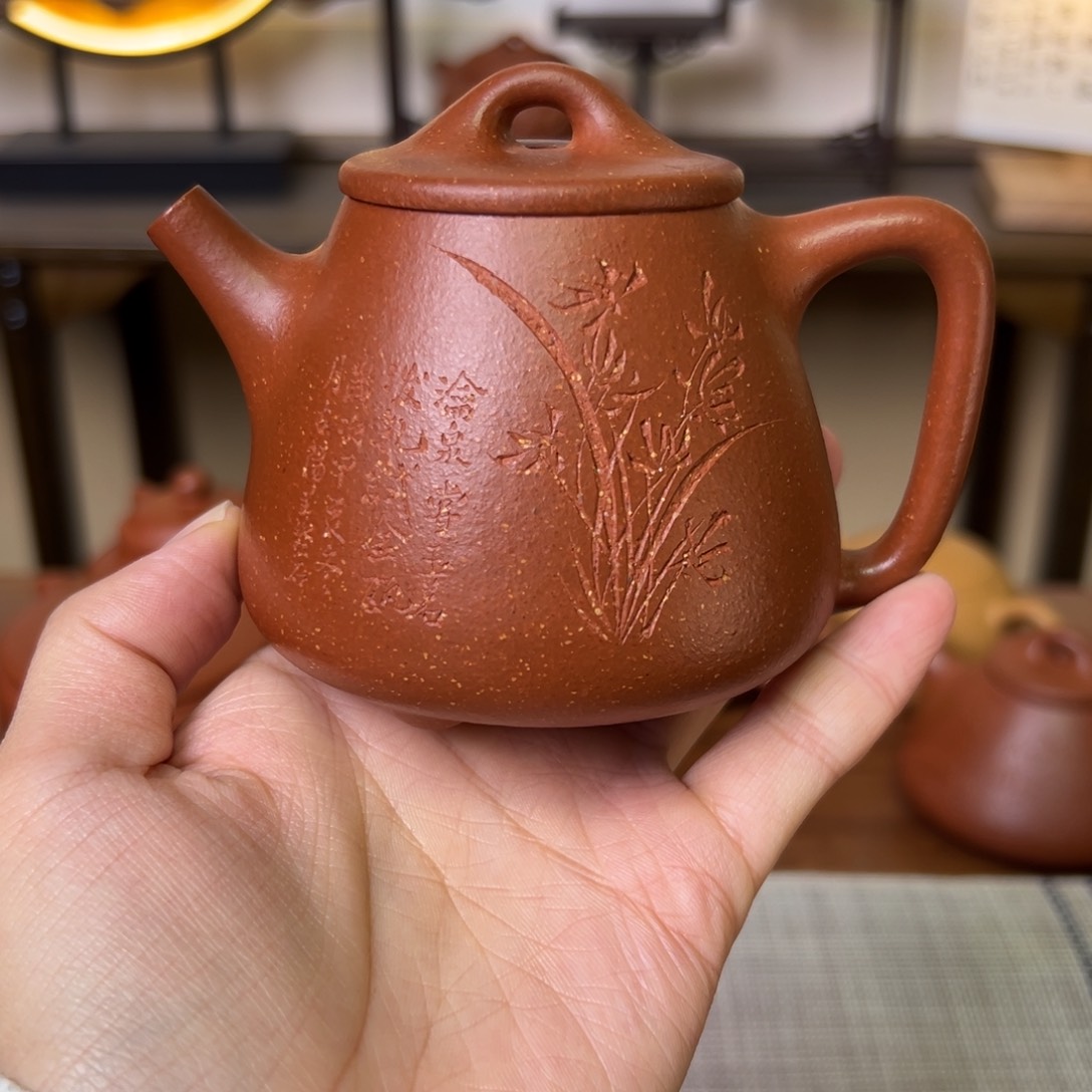 紫泥茶壶紫砂壶高石瓢红降坡200cc兰花