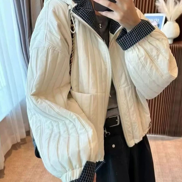 娟儿家韩版连帽格子拼接宽松休闲绗线女棉服外套秋冬款