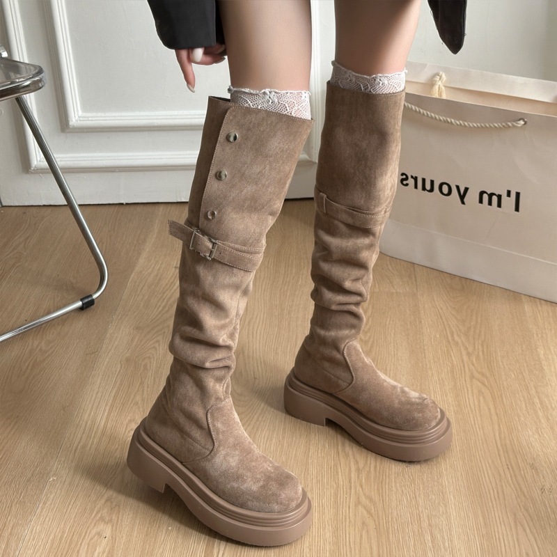 厚底粗跟长筒靴女2025新款秋冬季不过膝绒面显瘦高筒长靴子骑士靴
