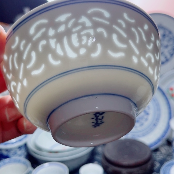 青花玲珑5寸饭碗满雕双福双线