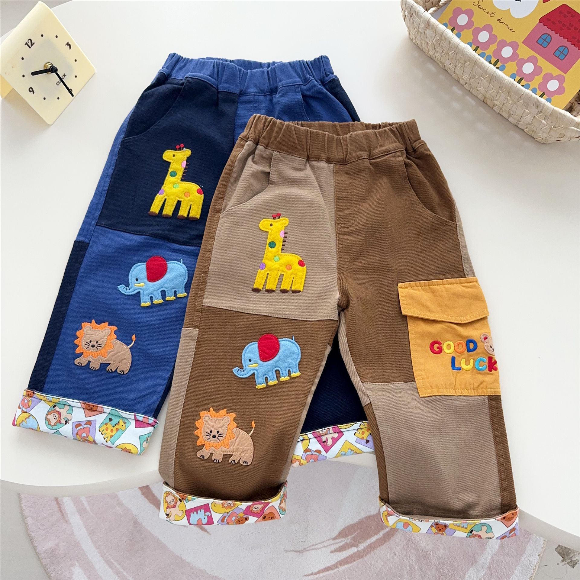 【25秋冬新品】男女童拼色弹力休闲裤 宝宝刺绣大象长颈鹿卷边长裤