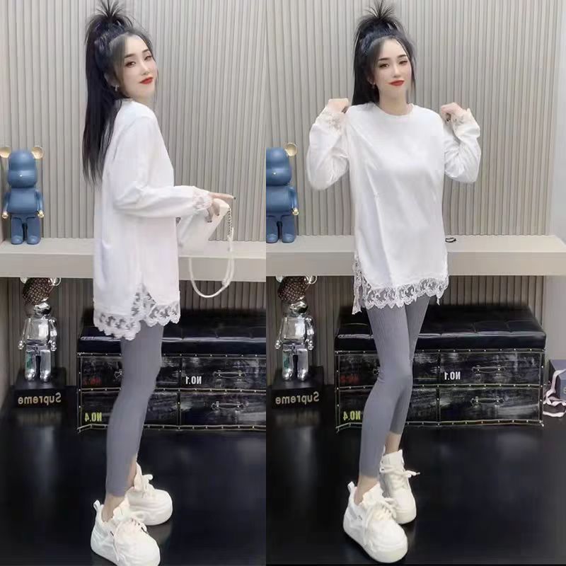 蕾丝拼接圆领纯棉长袖T恤女中长款大码洋气韩版春秋季显瘦打底衫