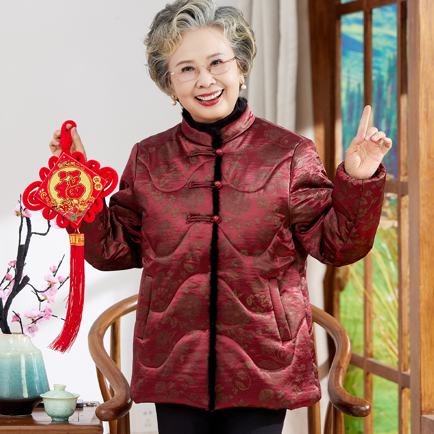 本命年奶奶冬季唐装棉服婚礼老太太冬装加厚水貂毛领妈妈棉衣外套