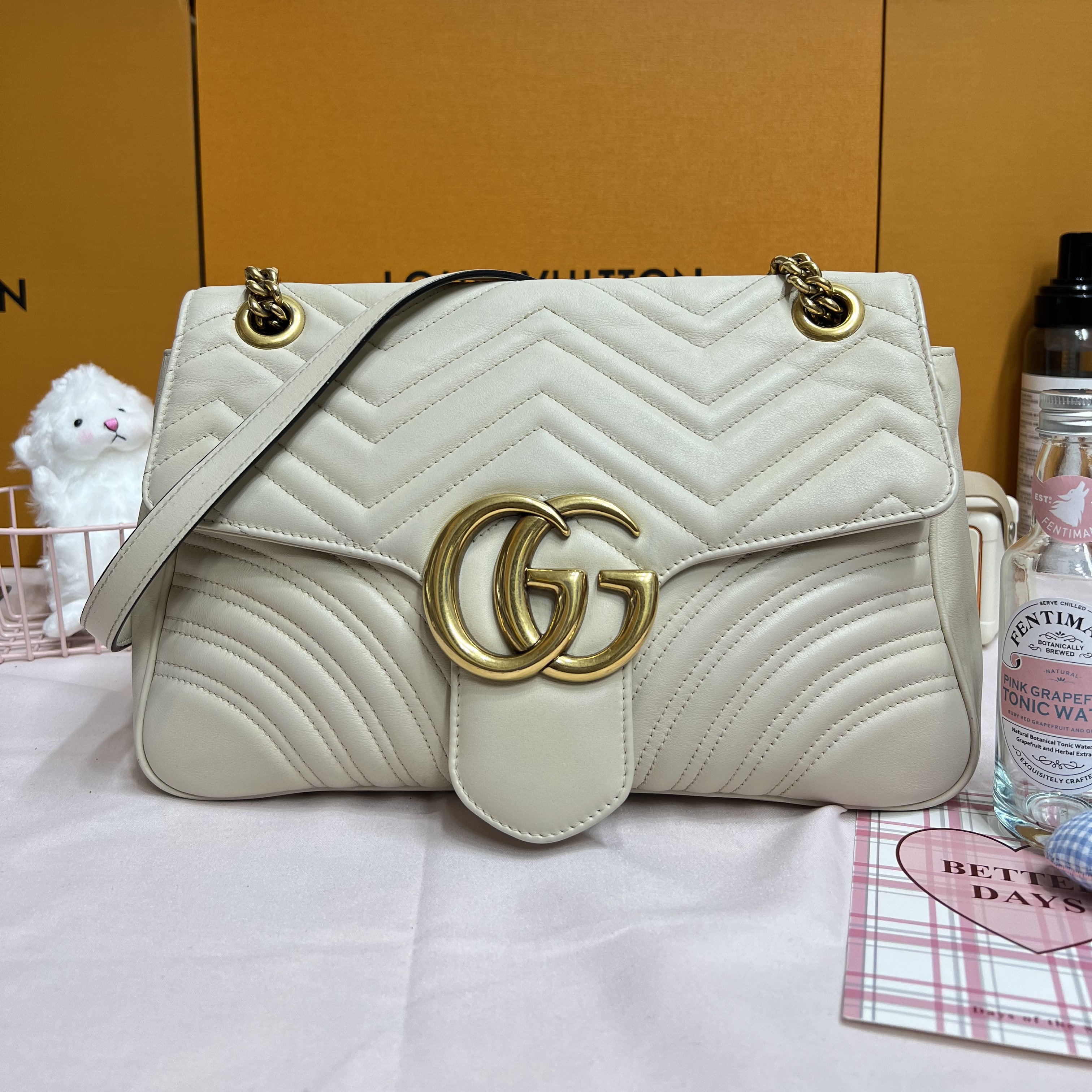 95新 GUCCI/古驰 奶昔白/马蒙特/大号/单肩时尚女士包