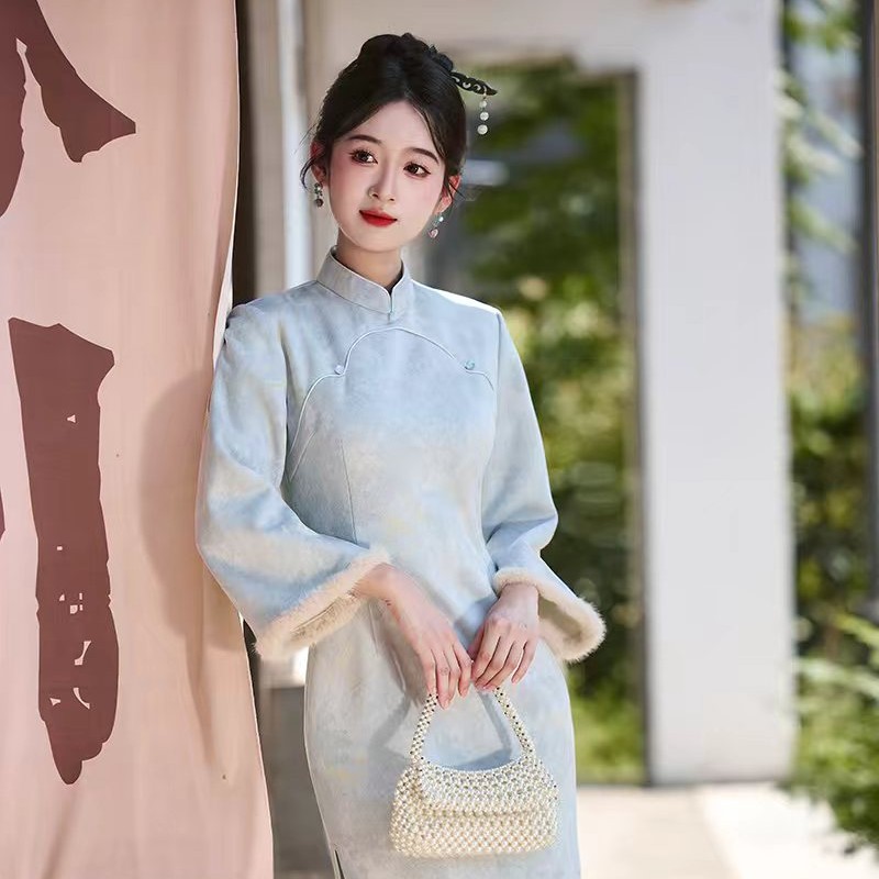 (8097)布衣样中长款网红长袖日常高腰裙旗袍常规款秋冬包袖气质