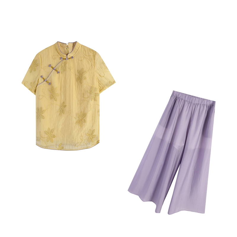 橘子-黄色上衣ZL109035+紫色裙裤ZL107853套装气质夏季夏装中式