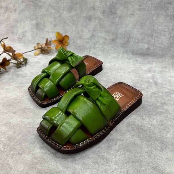 手工编织镂空透气平底包头拖女外穿夏季新款复古方头软底1319-32