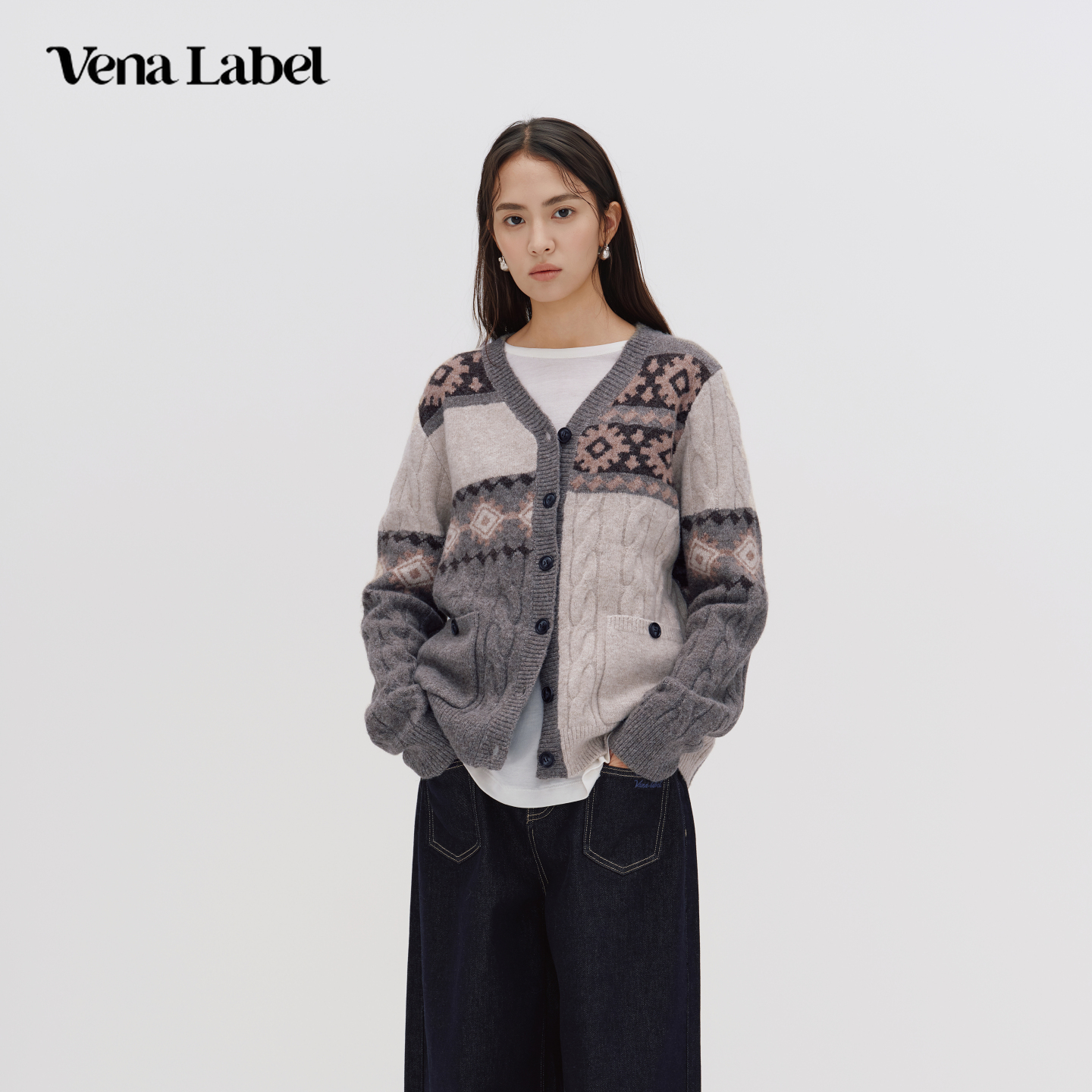 Vena Label费尔岛拼接针织开衫女25FW秋冬季新款百搭休闲毛衣外套