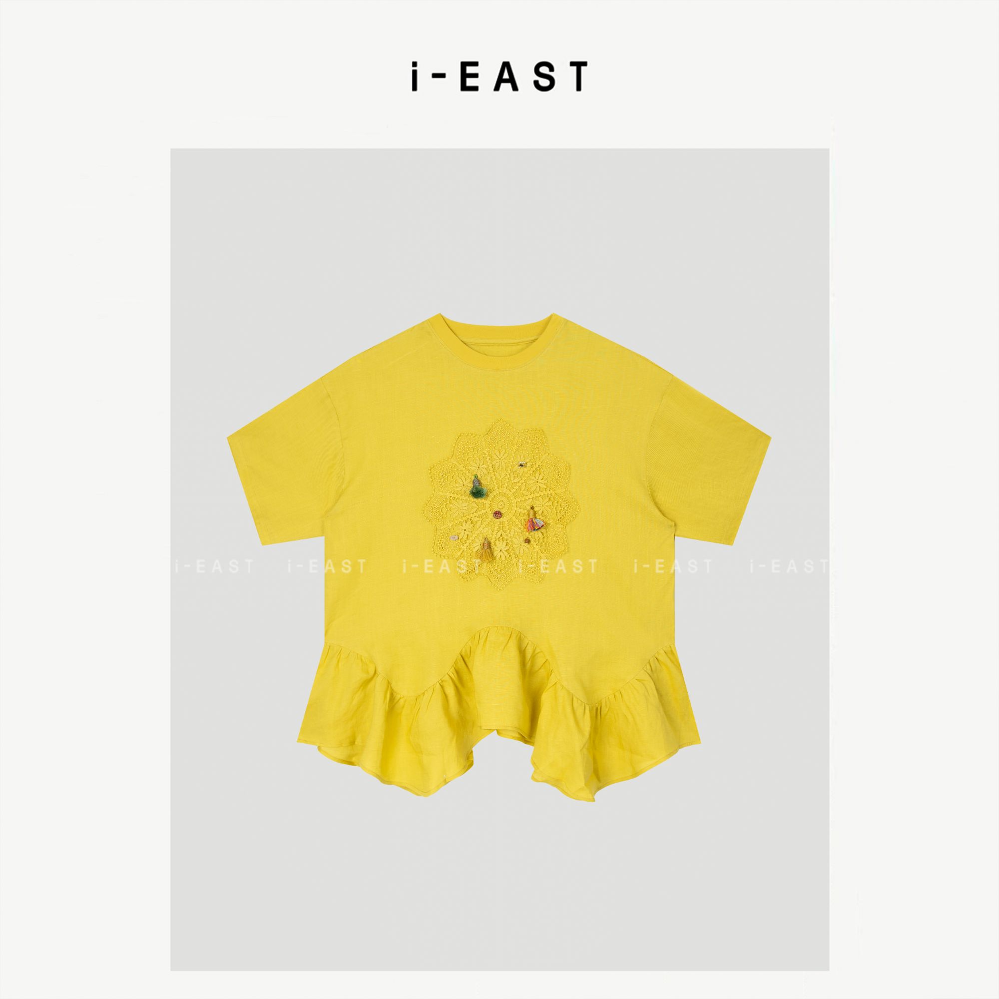 i-EAST QQ 心若花开~立体花朵纯色半袖T恤上衣-5X SY8964