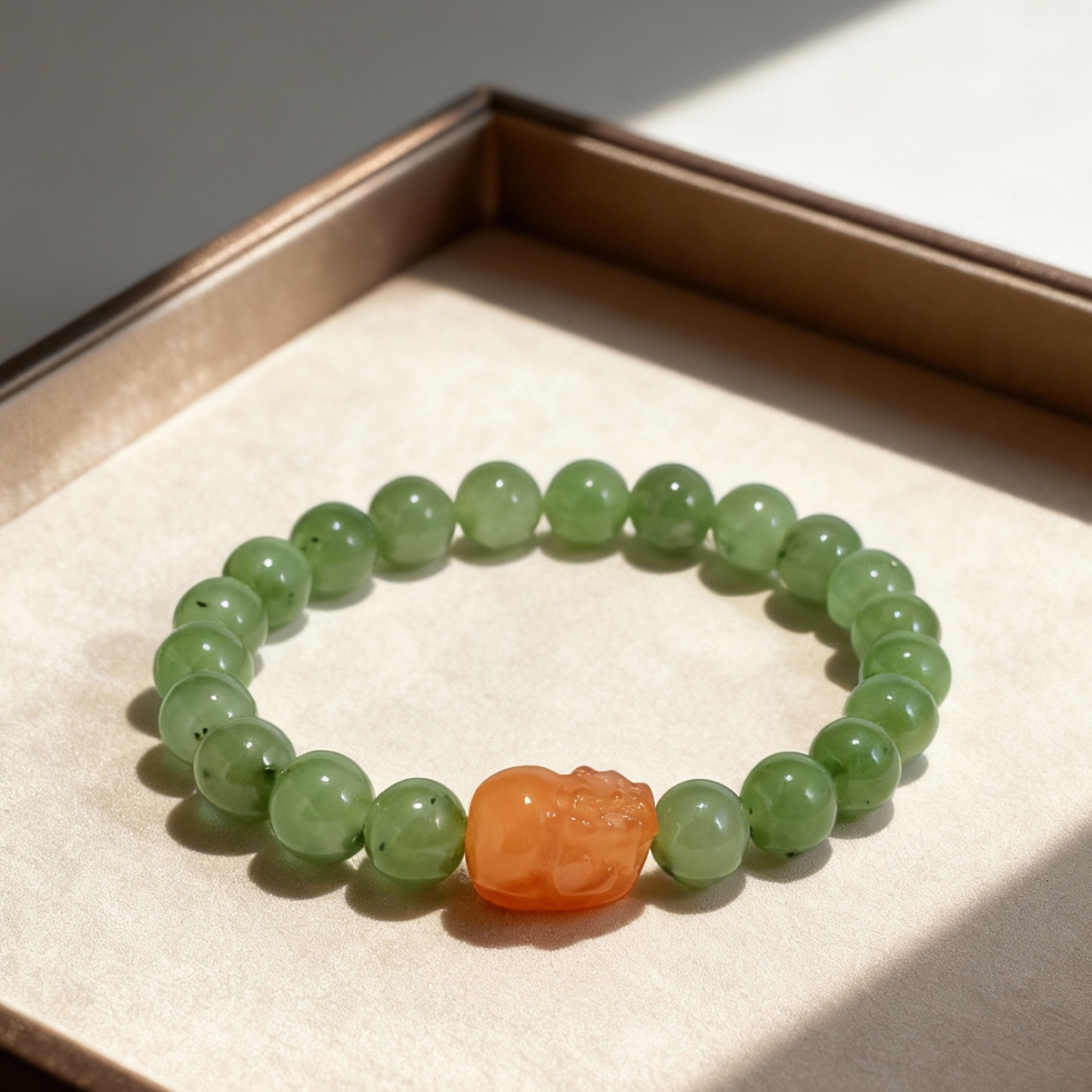 和田玉手串果绿碧玉盐源貔貅8mm手链 多样性发【23-2隔珠-貔貅】