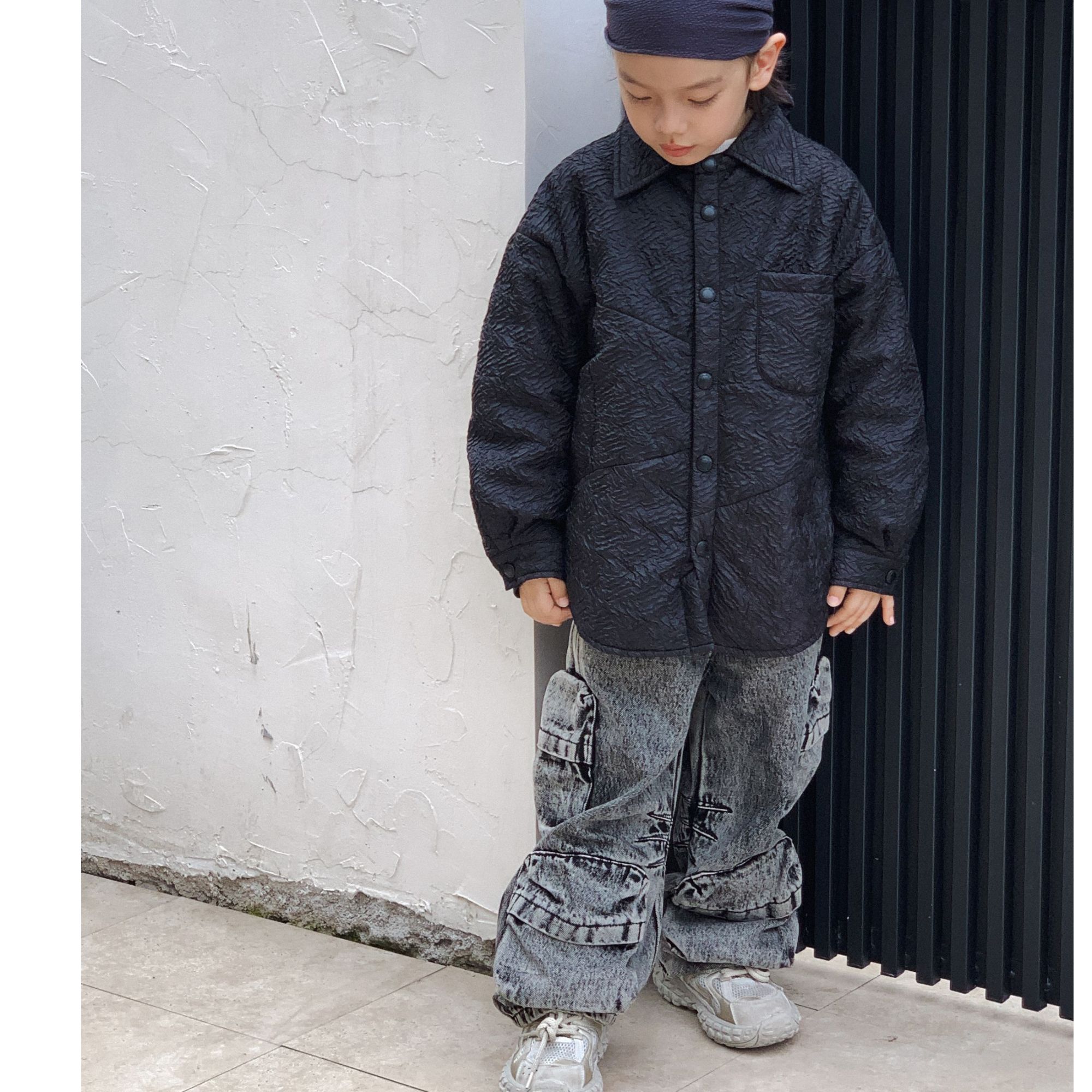 秋冬男女童潮酷黑灰洗水多口袋工装牛仔裤