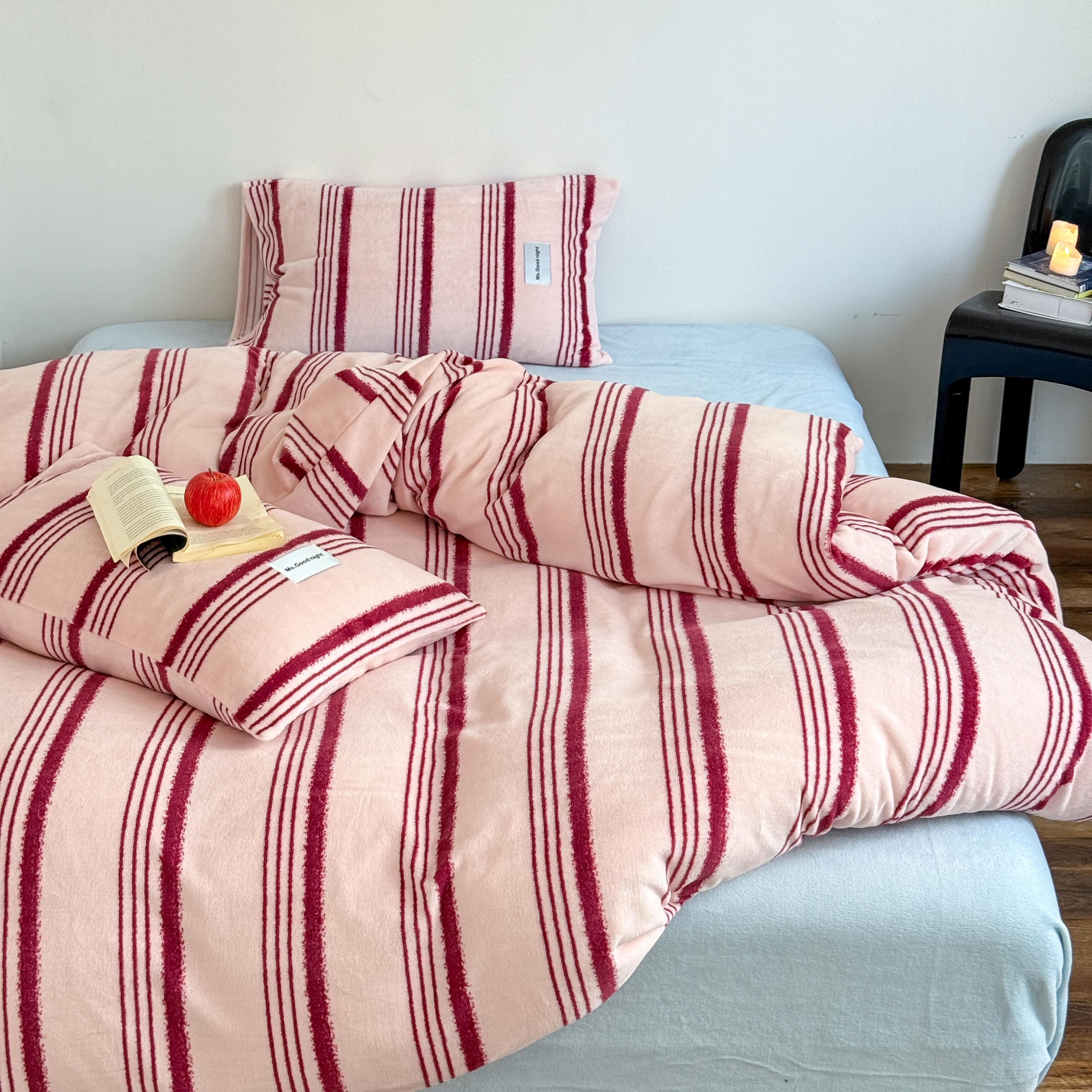 猫咪日记ins风条纹加厚牛奶绒四件套被套宿舍三件套床单床笠床品