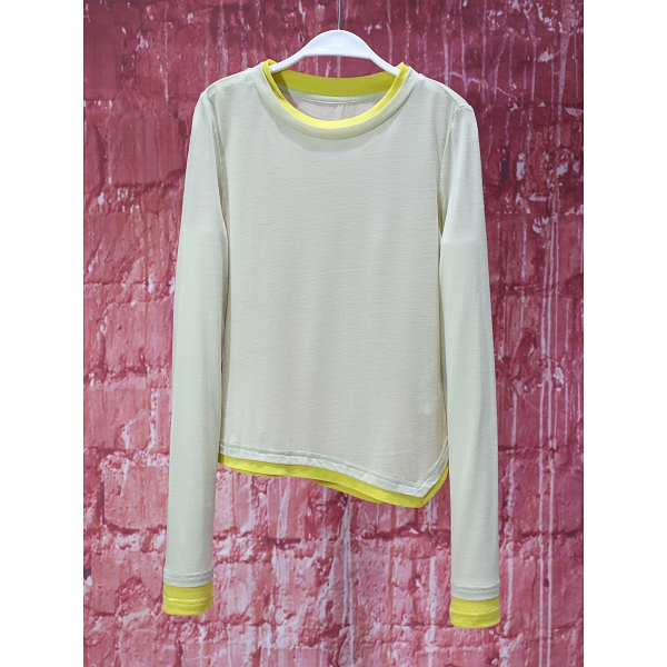 【韩哥女装】夏季冰凉感水黄色撞色拼接不规则下摆修身皮肤衣8910