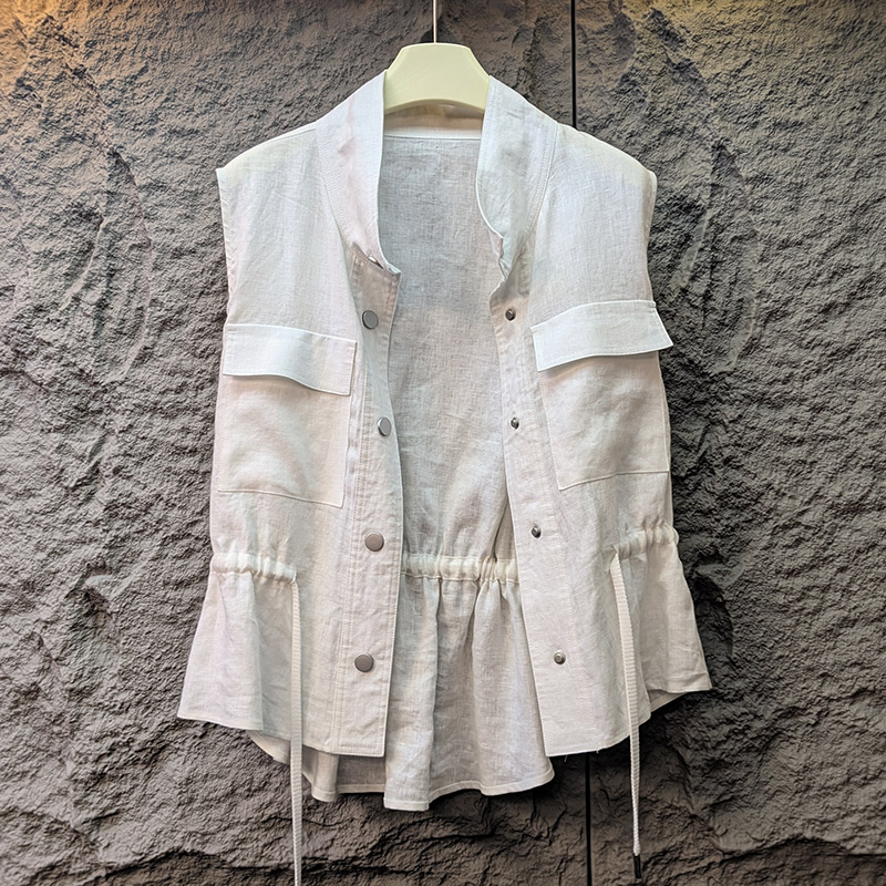 纯亚麻夏季常规款法式马夹白色舒适无袖休闲时尚酷飒风女装高级感