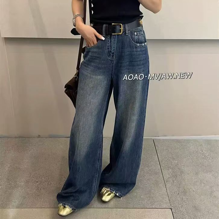 早秋显瘦百搭高腰阔腿宽松直筒拖地牛仔长裤