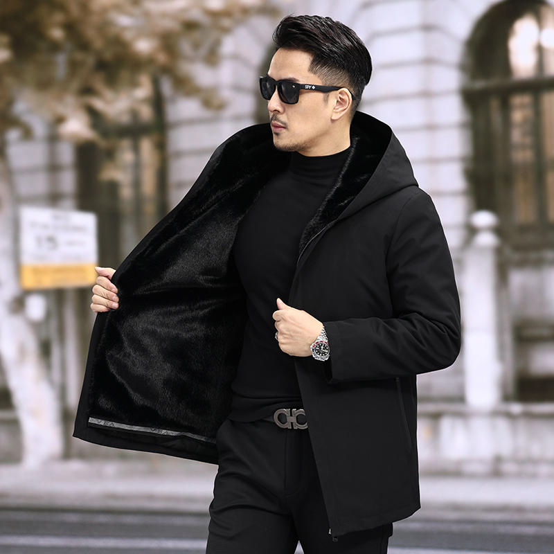 VBA P2857 MYM黑色新款男士派克服保暖绒内胆连帽中长款秋冬休闲
