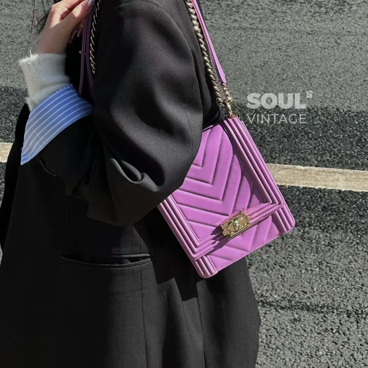 95新 Chanel/香奈儿 紫色 牛皮V纹竖版Leboy单肩包/617914974