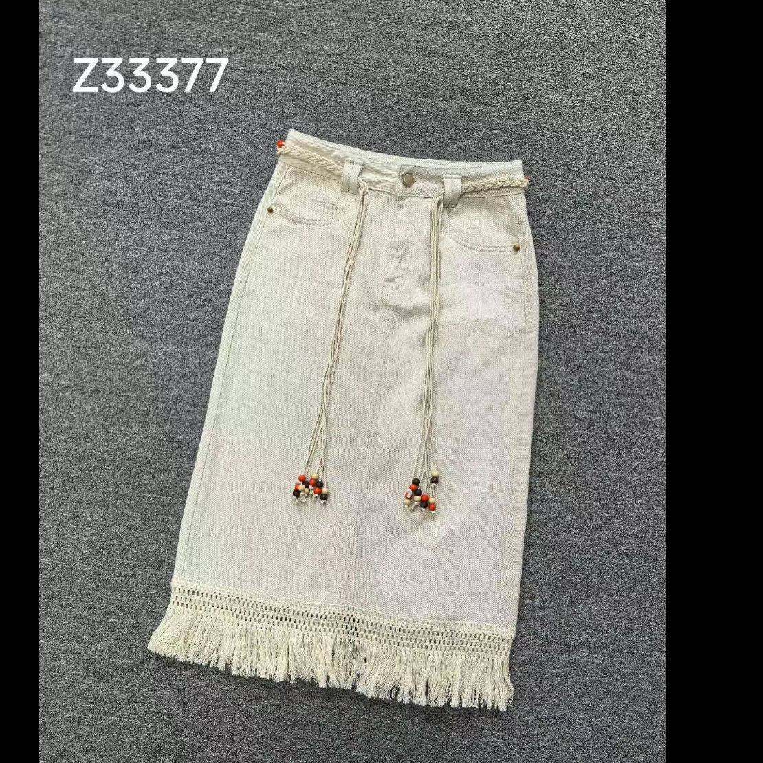Z33377夏季新款棉质毛边下摆流苏高腰修身显瘦半身裙