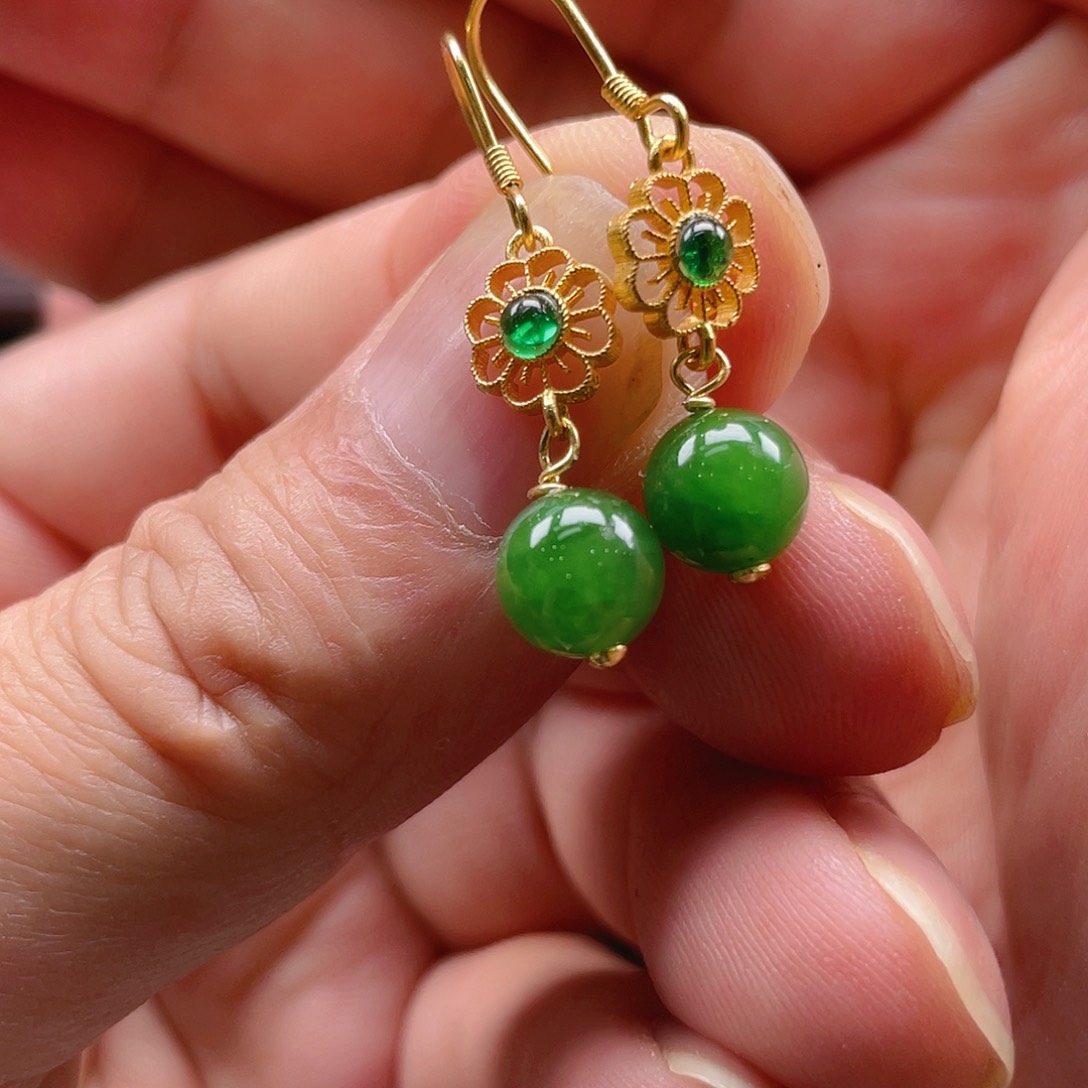 和田玉（碧玉）银S925镶嵌耳饰