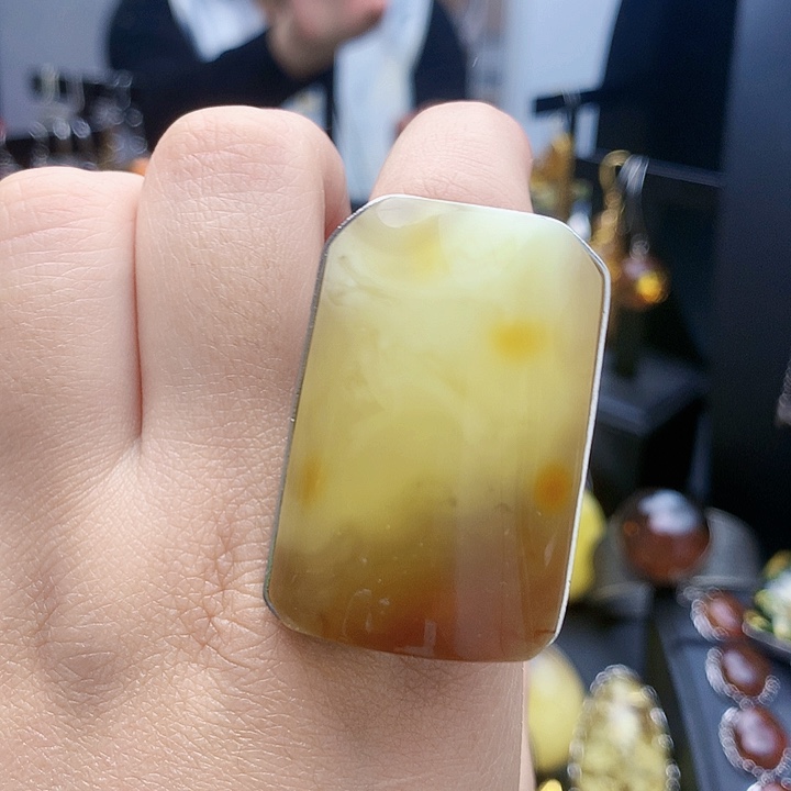 琥珀裸石银S925镶嵌戒指