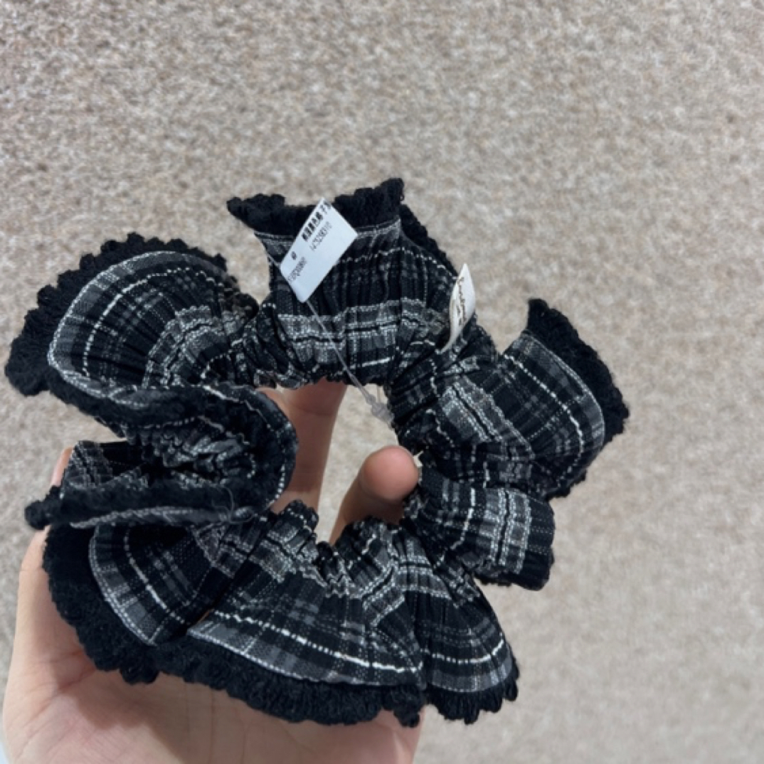 韩国褶皱黑格子针织边大肠发圈简约高级感气质百搭