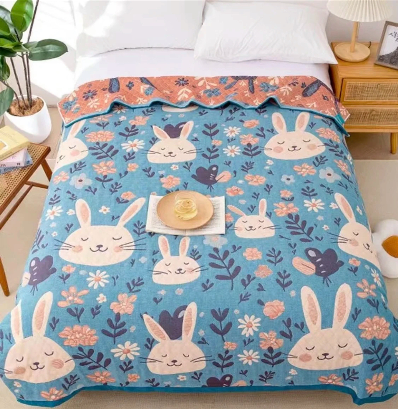 【盖毯】四季通用多层纱布200*230cm 蓝色小兔