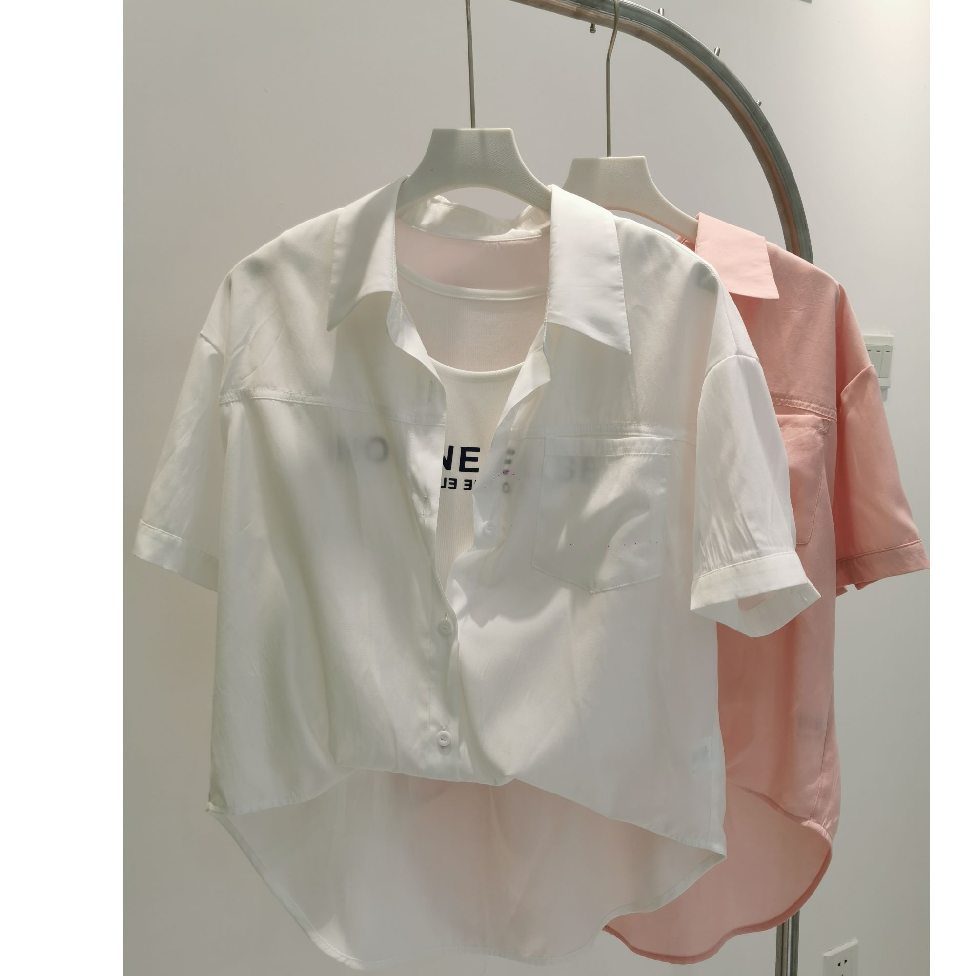 YS324287百搭韩版简约外套衬衫做旧短袖针织不规则简约通勤两件套