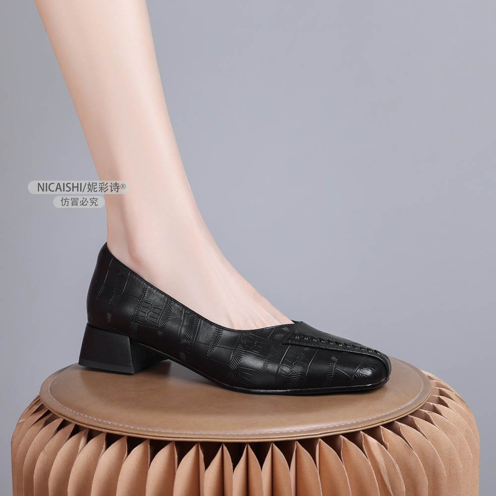 2025年新款法式圆头粗跟浅口单鞋女气质通勤舒适百搭工作女鞋2877