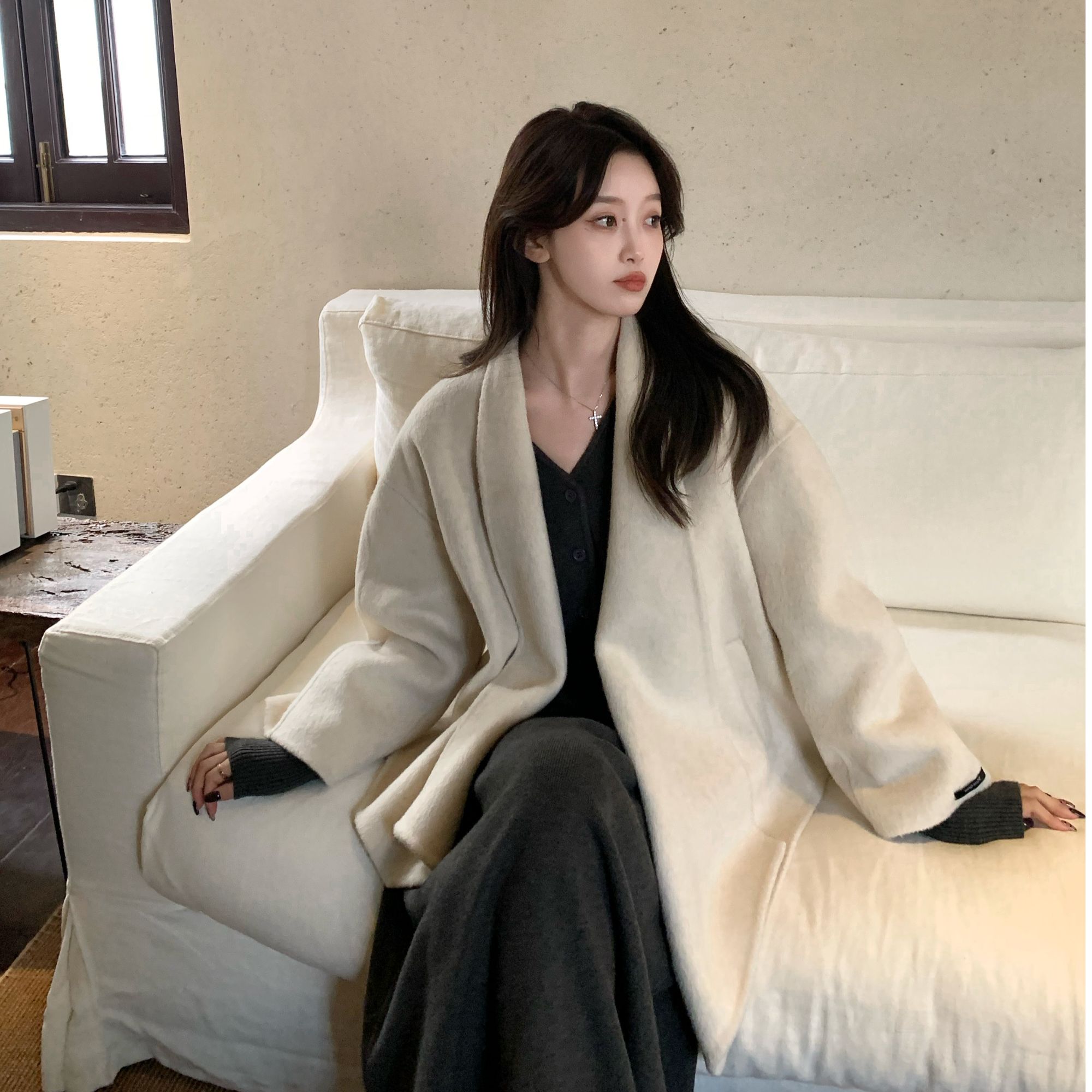 Frida.zz-不规则下摆浴袍领千金全羊毛外套