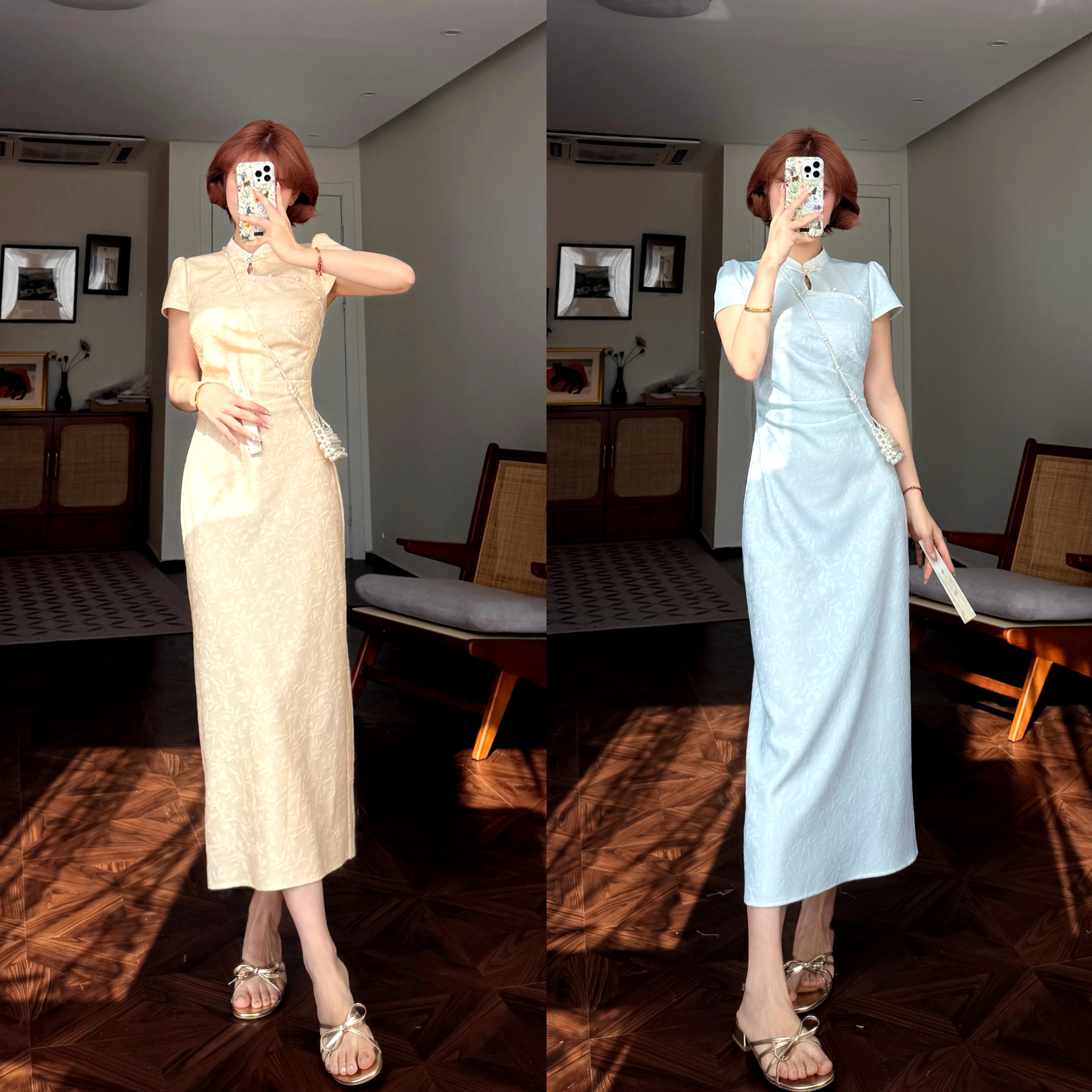 蕾英俊-遥挽月-夏季新中式拼接花边压褶气质显瘦旗袍连衣裙JF6197