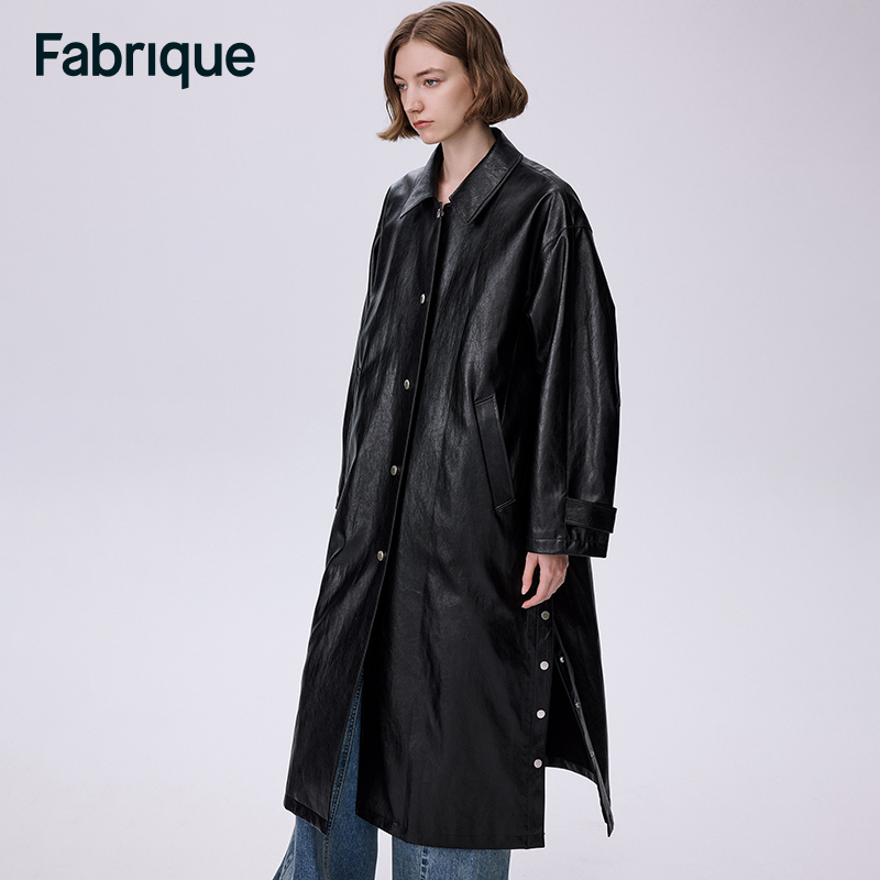 【贤哥专享】Fabrique美式复古做旧环保皮翻领金属扣大廓形风衣外套