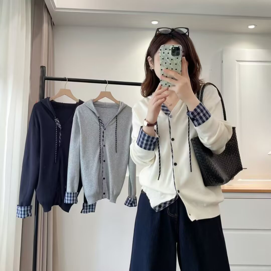 大码胖mm韩系显瘦连帽格子拼接针织衫女秋季新款百搭通勤上衣