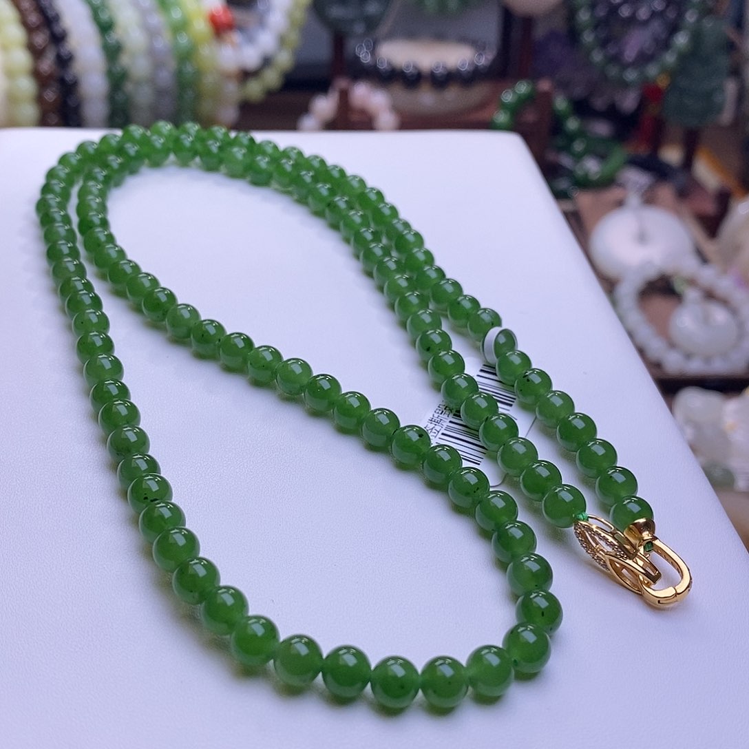 和田玉未镶嵌颈饰收藏级碧玉老矿料高冰菠菜绿高冰珠链6m