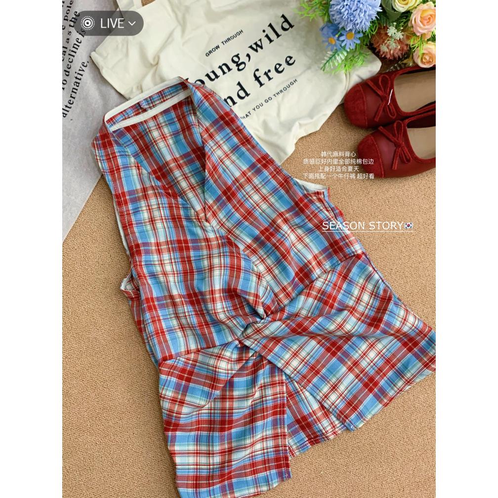 SS/SEASON STORY设计感纽结V领格子背心女韩系小众修身无袖上衣