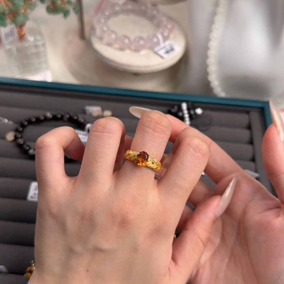 黄晶银S925镶嵌戒指金红料