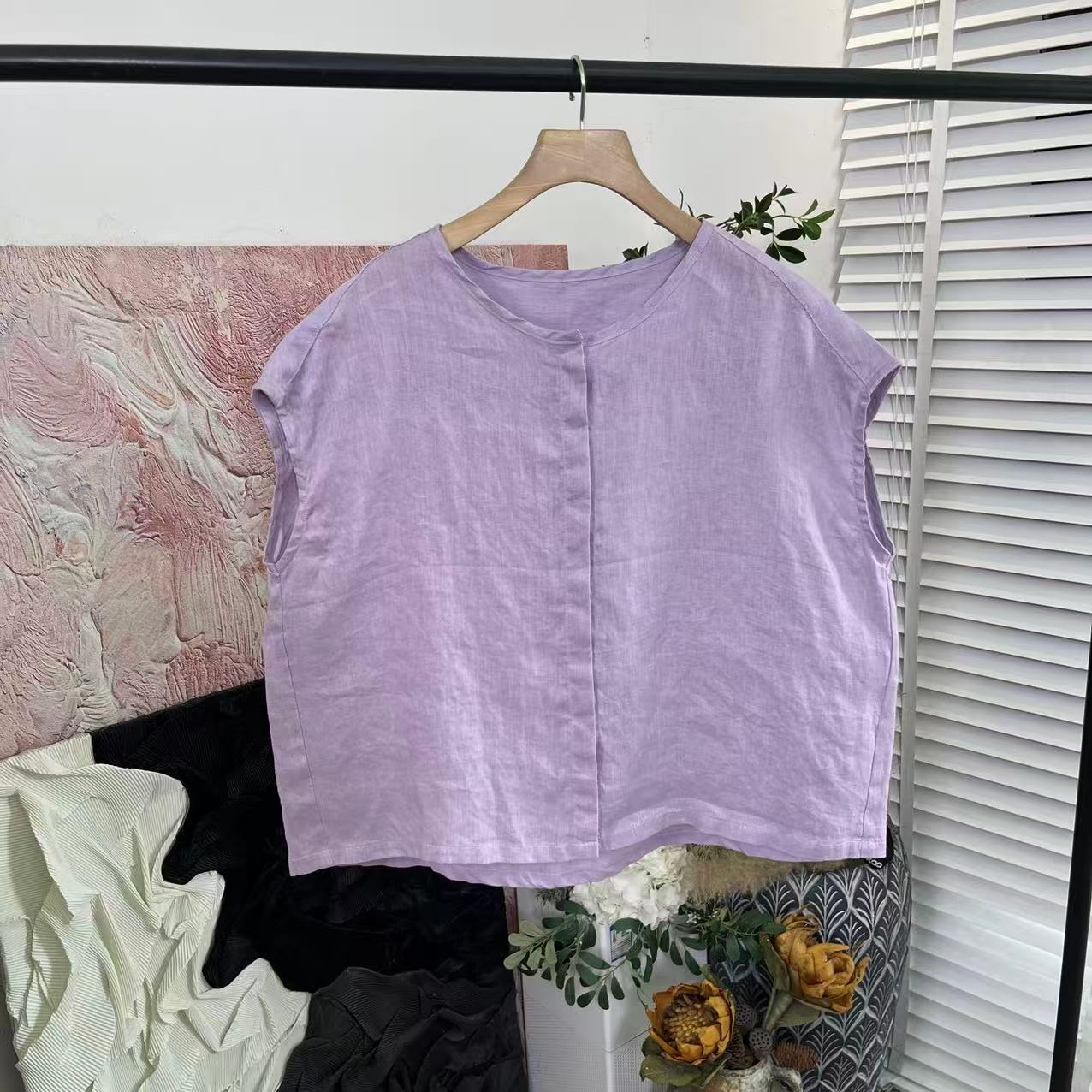 休闲舒适百搭「水洗麻料宽松单排扣」无袖衬衫女E5869