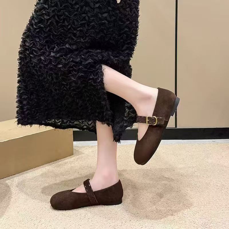 708-1法式绒面玛丽珍鞋单鞋新款舒适软底一字扣豆豆鞋女