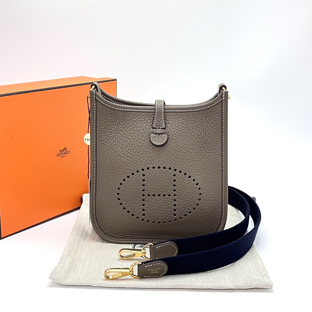 95新 Hermes/爱马仕 大象灰金扣伊芙琳mini单肩斜挎包16263