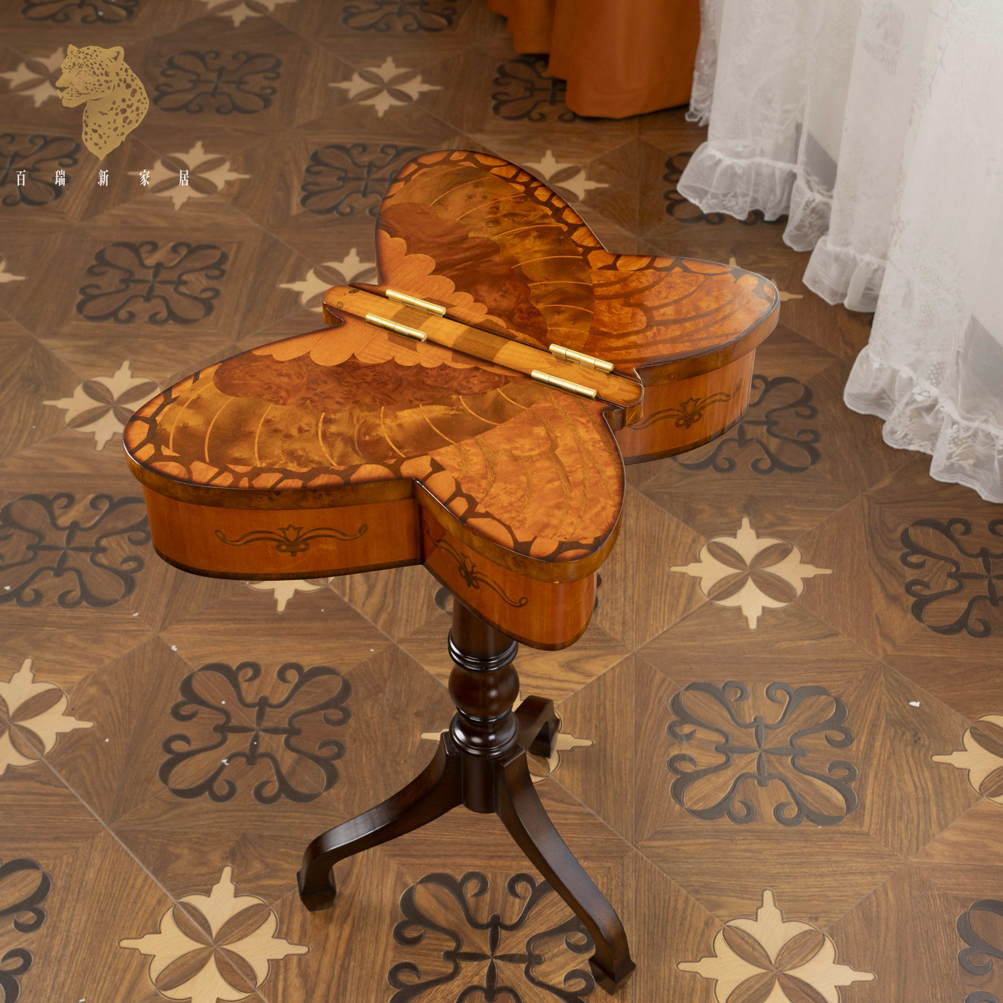百瑞新实木蝴蝶造型客厅边几复古玄关阳台法式茶几-YLSD-HDBJ