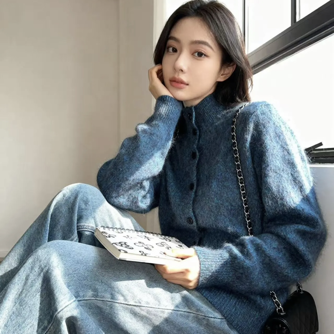 蓝眼泪～拉绒复古文艺慵懒风立领针织开衫宽松显瘦毛衣7142